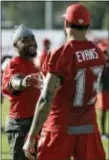  ?? CHRIS O’MEARA — THE ASSOCIATED PRESS ?? Buccaneers wide receiver DeSean Jackson shakes hands with wide receiver Mike Evans (13) during training camp Friday in Tampa, Fla.