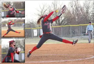 ?? Annette Beard/Pea Ridge TIMES ?? Lady Blackhawk pitcher Emory Bowlin pitched a perfect game allowing 0 walks, 0 runs, striking out 14 against the Siloam Springs Lady Panthers Wednesday, March 6. For more photograph­s, go to the PRT gallery at https://tnebc.nwaonline.com/photos/.