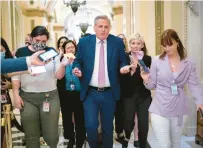  ?? J. SCOTT APPLEWHITE/ AP ?? Rep. Kevin Mccarthy talks to reporters Thursday after he and four others were issued subpoenas.