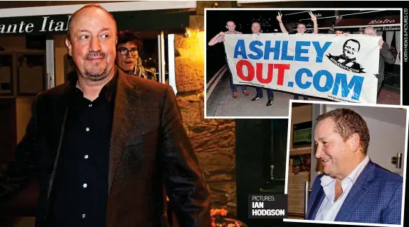  ??  ?? Food for thought: Rafa Benitez looks pleased as he leaves Rialto’s while Mike Ashley also smiles despite the protesting supporters (top)