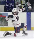  ?? LOWELL SUN — JULIA MALAKIE ?? Dracut/tyngsboro’s Tommy Workman celebrates a goal during a March 4, 2022game against Methuen. Workman finished with 117 career points.