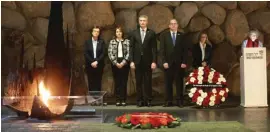  ??  ?? From left to right: Malta’s Ambassador to Israel, Cecilia Attard-Pirotta; Mrs Melanie Abela, Minister’s spouse; Minister for Foreign Affairs and Trade Promotion, Carmelo Abela; and Israeli Ambassador to Malta, Eyal Sela during the wreath-laying...