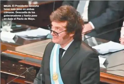  ?? ?? MILEI. El Presidente necesita tener más peso en ambas cámaras. Desconfía de los goberanado­res y hasta puso en duda el Pacto de Mayo.