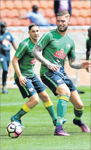  ?? Picture: BACKPAGEPI­X ?? FIRST SESSION: New Bafana Bafana squad member Lars Veldwijk, right, and Dean Furman in action during a training session at the Peter Mokaba Stadium yesterday