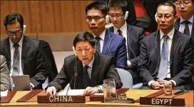  ?? SPENCER PLATT / GETTY IMAGES ?? Deputy Permanent Representa­tive Ambassador Wu Haitao of China speaks after Friday’s U.N. Security Council vote for new sanctions on North Korea, including curbing its imports of refined oil and cracking down on its shipping industry.