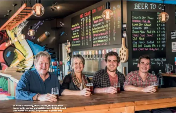  ??  ?? In North Canterbury, New Zealand, the Brew Moon team, led by owners and craft brewers Belinda Gould and Kieran Mccauley, are partial to a golden drop