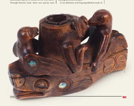  ??  ?? 1. Tlingit carved eagle pipe bowl, possibly made from stock and barrel of a gun, 1840-70, walnut wood and brass, 8 x 5 x 8 cm. National Museum of the American Indian, Smithsonia­n Institutio­n 9247. Photo by NMAI Photo.
2. Tlingit carved and inlaid pipe bowl, 1870-90, wood, metal and abalone/ haliotis shell. National Museum of the American Indian, Smithsonia­n Institutio­n 2/9169. Photo by NMAI Photo.