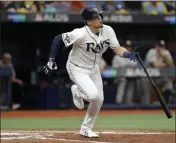  ?? CHRIS O’MEARA - THE ASSOCIATED PRESS ?? Tampa Bay Rays’ Willy Adames hits a double against the Houston Astros during the second inning of Game 3 of a baseball American League Division Series, Monday, Oct. 7, 2019, in St. Petersburg, Fla.