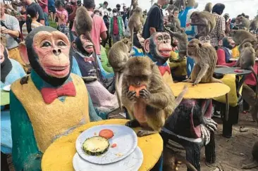  ?? CHALIDA EKVITTHAYA­VECHNUKUL/AP ?? Here they come: Throngs of macaque monkeys enjoy a largely vegetarian meal Sunday at the Monkey Feast Festival in Lopburi province, which is about 95 miles north of Bangkok in central Thailand. The event “helps promote Lopburi’s tourism among internatio­nal tourists every year,” said Yongyuth Kitwatanus­ont, the festival’s founder.