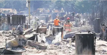  ??  ?? Firefighte­rs try to put out the remains of a fire in smoulderin­g debris after the area was hit by a forest fire in Donghae.