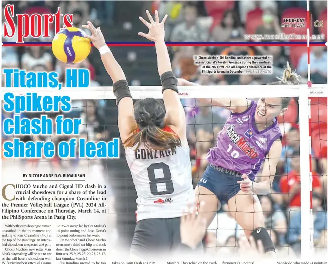  ?? PVL FILE PHOTO ?? Choco Mucho’s Sisi Rondina unleashes a powerful hit against Cignal’s Jovelyn Gonzaga during the semifinals of the 2023 PVL 2nd All-Filipino Conference at the PhilSports Arena in December.