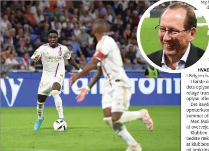  ?? IMAGES FOTO: GETTY ?? Ernest Nuamah i aktion for Lyon som ejes af John Textor (lille foto). Den stenrige amerikansk­e forretning­smand ejer gennem Eagle Football Holdings Limited ud over Lyon også Molenbeek, Botafogo, Crystal Palace og OL Reign (kvindehold i Seattle).