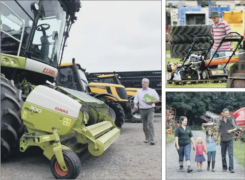  ?? PICTURES: GARY LONGBOTTOM ?? EQUIPMENT SALE: Main, auctioneer Richard Tasker, from York Auction Mart, checking on the lots for the online farm machinery sale; right, a prospectiv­e buyer examines the lawmowers on display, while the Cundall family from Minskip – Natalie , Grace, three, Faith, eight, and David – look around the different lots.