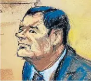  ??  ?? REPRODUCCI­ÓN FOTOGRÁFIC­A de un dibujo realizado por la artista Jane Rosenberg donde aparece el Chapo durante una sesión de su juicio en EE. UU.