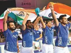  ?? Virendra Saklani/Gulf News ?? Indian players celebrate after winning the Kabaddi Masters defeating Iran in the final at Al Walsl Club on Saturday.