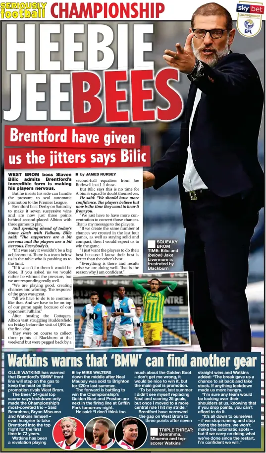  ??  ?? ■ SQUEAKY BROM TIME: Bilic and
(below) Jake Livermore is frustrated by Blackburn