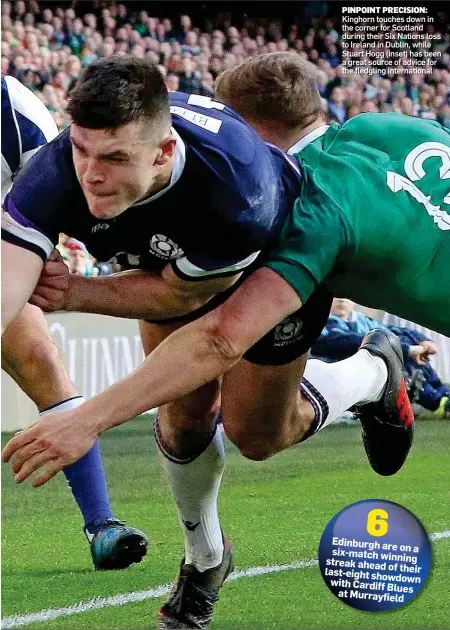  ??  ?? PINPOINT PRECISION: Kinghorn touches down in the corner for Scotland during their Six Nations loss to Ireland in Dublin, while Stuart Hogg (inset) has been a great source of advice for the fledgling internatio­nal