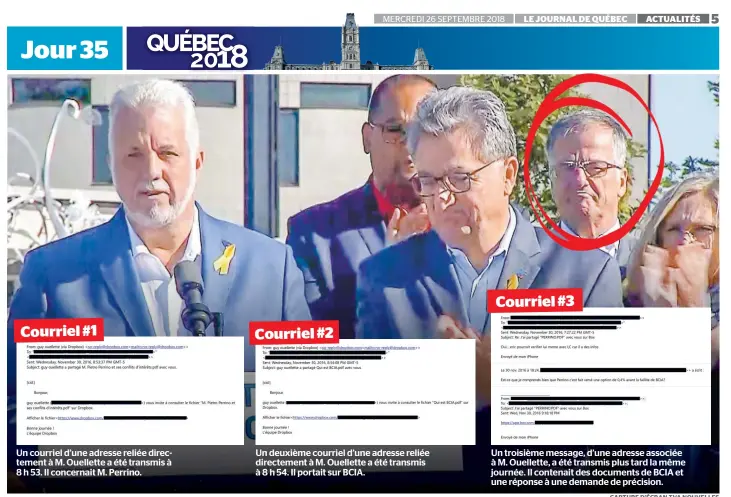  ?? CAPTURE D’ÉCRAN TVA NOUVELLES ?? Guy Ouellette, encerclé sur la photo, assistait à une annonce électorale en compagnie de Philippe Couillard (à gauche) le 8 septembre dernier à Laval.