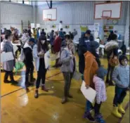  ?? AP PHOTO/MARK LENNIHAN ?? Voters stand in line to cast their ballots at P.S. 22 on Tuesday in the Prospect Heights neighborho­od of Brooklyn.