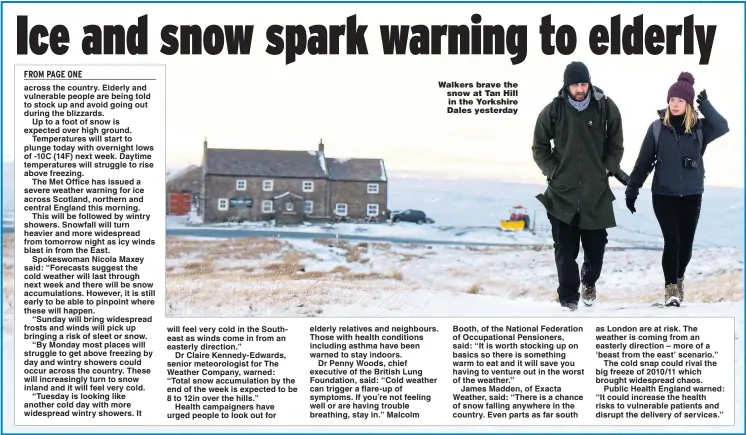  ?? Picture: PAUL KINGSTON/NORTH NEWS ?? Walkers brave the snow at Tan Hill in the Yorkshire Dales yesterday