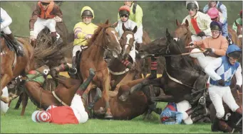  ?? Photo by Healy Racing Photo ?? The first fence in The Patsy Byrne Beginners Chase at Listowel in September 1997 in which nine of the 16 runners fell. From left: McFepend & Ken Whelan, Angareb & Shay Barry (red), Ask The Butler & Conor O’Dwyer (yellow), Combine Call & Tom Treacy (grey), Strong Boost & Jason Titley (green), Conna Bride Lady & Tom Rudd (light blue), Call Bob & Kieren Gaule (pink cap, finished the race), Owenduff & Richard Dunwoody (yellow, finished race), Clon Dalus & Liam Cuack (orange), Boreen Lass & Adrain O’Shea (on ground), and Dromkeen & Norman Williamson.