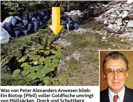  ??  ?? Was von Peter Alexanders Anwesen blieb: Ein Biotop ( Pfeil) voller Goldfische umringt von Müllsäcken, Dreck und Schuttberg.