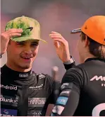  ?? GETTY IMAGES ?? Giovani leoni
Lando Norris, 23 anni (a sinistra) e Oscar Piastri, 22, soddisfatt­i nel dopo gara a Silverston­e. Le loro McLaren partiranno, rispettiva­mente, in seconda e tera posizione, dietro Verstappen
