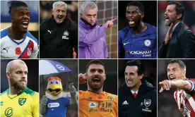  ?? Getty Images, Shuttersto­ck, Reuters ?? Clockwise from top left: Wilfried Zaha, Steve Bruce, New Spurs head coach José Mourinho, Chelsea’s Fikayo Tomori, Quique Sánchez Flores, Sheffield United’s Phil Jagielka, Unai Emery, Rúben Neves, Brighton mascot Gully and Teemu Pukki. Composite: