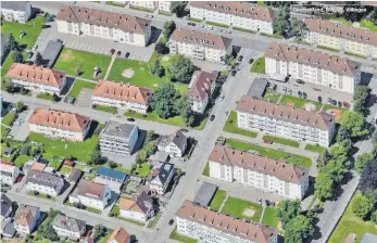  ?? QUELLE: WBG ?? In diesem Quartier in Vilingen werden zahlreiche Wohnungen umgebaut. Rund 500 Studenten sollen einziehen. Oben ist die Dattenberg­straße zu sehen, rechts die Kirnacher Straße. Quelle: wbg