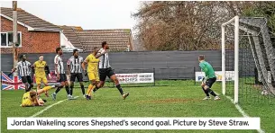  ?? ?? Jordan Wakeling scores Shepshed’s second goal. Picture by Steve Straw.