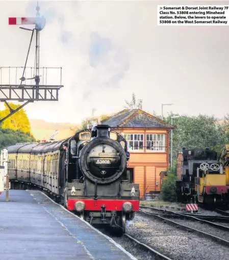  ??  ?? Somerset & Dorset Joint Railway 7F Class No. 53808 entering Minehead station. Below, the levers to operate 53808 on the West Somerset Railway