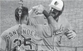  ?? ULYSSES MUÑOZ/BALTIMORE SUN ?? Orioles first baseman Renato Núñez celebrates with right fielder Anthony Santander after hitting a home run in the 4th inning.