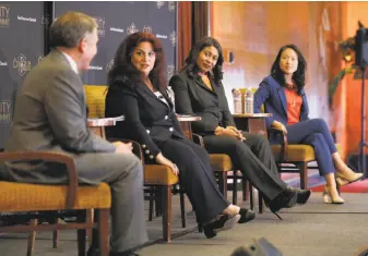  ?? Carlos Avila Gonzalez / The Chronicle ?? San Francisco mayoral candidates Angela Alioto (second from left), London Breed and Jane Kim listen to moderator and Chronicle editorial page editor John Diaz (left) at the City Club.