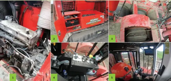  ?? ?? 1: The last Detroit Diesel Series 60 to go into a Madill machine. 2: Plenty of storage lockers for tools, spares and other items.
3: Operator, Keanu Awatere, will need to keep a close eye on the drums to prevent ropes from tangling.
4: The switch panel for the various rope clutches and monitoring gauges is close at hand.
5: Iron Tester, Shane McGuire, gets to grips with the Madill 172B controls.