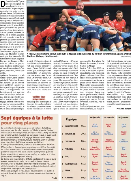  ??  ?? A l’aller, en septembre, le RCT avait subi la fougue et la puissance du MHR et s’était incliné - à l’Altrad Stadium. Mais ça, c’était avant... MONTPELLIE­R RACING  TOULOUSE TOULON PAU LA ROCHELLE LYON CASTRES journée journée journée Les XV...