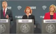  ??  ?? From left, Upstate Jobs Party candidate Martin Babinec, Democratic candidate Kim Myers, and Republican candidate Claudia Tenney participat­e in a 22nd Congressio­nal District debate at the Colgate University Memorial Chapel on October 20in Hamilton, N.Y.