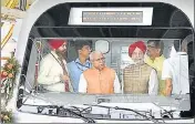  ?? MANOJ DHAKA/HT ?? ■ Haryana CM Manohar Lal Khattar and Union minister Hardeep Singh Puri taking operating knowledge of Metro from the loco pilot cabin of newly inaugurate­d Metro in Bahadurgar­h on Sunday.