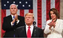  ?? - AFP ?? SPELLING OUT US President Donald Trump delivers the State of the Union address, alongside Vice President Mike Pence and Speaker of the House Nancy Pelosi, at the US Capitol in Washington, DC, on February 5, 2019.