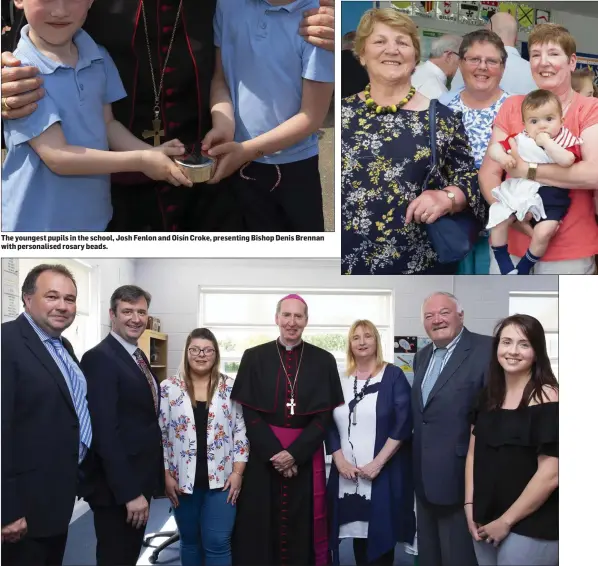  ??  ?? Principal Tony Heuston, Minister Michael Darcy and Bishop Denis Brennan with Amy Keating, Myra Jackman, Martin Murphy and Vicky Roche of the board of management.