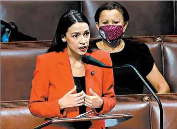  ?? HOUSE TELEVISION ?? Rep. Alexandria Ocasio-Cortez, D-N.Y., speaks out on violent language against women Thursday in the U.S. House.