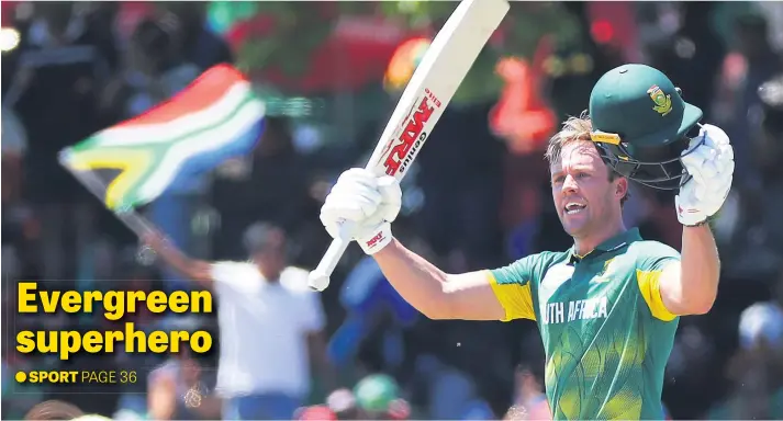  ?? Picture: BackpagePi­x ?? AB de Villiers celebrates his 100 during the second one-day internatio­nal between South Africa and Bangladesh at Boland Park in Paarl yesterday. He made 176 off 104 balls.