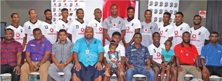  ?? Photo: Fiji FA Media ?? Members of the Vodafone national futsal side with sponsors and officials at the Fiji Football Associatio­n headquarte­rs in Vatuwaqa, Suva.