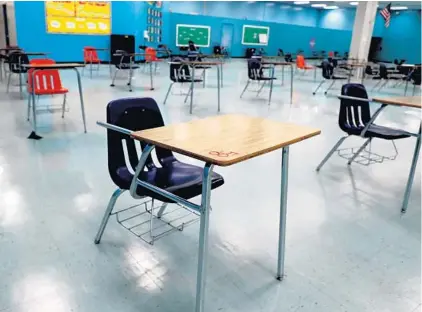  ?? CARLINE JEAN/SOUTH FLORIDA SUN SENTINEL ?? Student desks stand at James S. Rickards Middle School in Oakland Park on Friday. The district has released a new school-by-school timeline for when renovation work is supposed to be done, and it’s expected to take at least until 2026.