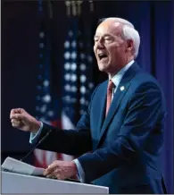  ?? (AP/Jose Luis Magana) ?? Asa Hutchinson, former Arkansas governor and Republican presidenti­al candidate, speaks Friday during the Faith and Freedom Coalition Policy Conference in Washington.