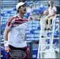  ?? KAREEM ELGAZZAR — THE CINCINNATI ENQUIRER VIA AP ?? Andy Murray, of Britain, reacts after a losing point against Hubert Hurkacz, of Poland, Wednesday, Aug. 18, 2021, during the Western & Southern Open tennis tournament at the Lindner Family Tennis Center in Mason, Ohio.