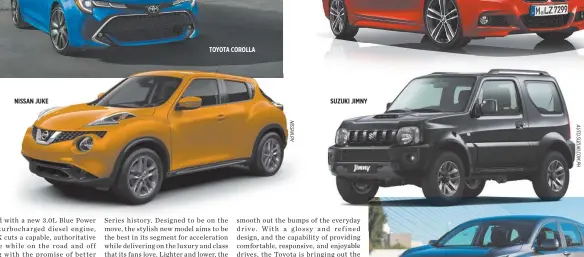  ??  ?? NISSAN JUKE TOYOTA COROLLA SUZUKI JIMNY