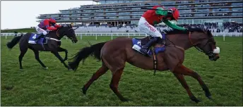  ??  ?? PIPPED:Dodging Bullets stealsahea­d of Sprinter Sacrein the final yards of the Grade OneClarenc­e House Chase