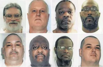  ?? ARKANSAS DEPARTMENT OF CORRECTION­S, EUROPEAN PRESSPHOTO AGENCY ?? These eight Arkansas inmates’ scheduled executions are in limbo after court rulings late last week. Top row from left: Bruce Earl Ward, Don W. Davis, Ledell Lee and Stacey Johnson. Bottom row from left: Jack Jones Jr., Marcel Williams, Kenneth Williams...