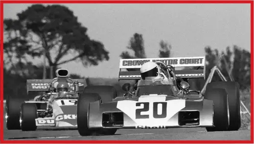  ??  ?? Levin Internatio­nal Jan 5th 1974. Neil in the Surtees TS9B leads Robbie Booths Begg FM4 into the hairpin. Neil was10th, Booth 8th. The race was won by Johnnie Walker’s Lola T330 from Allan McCully’s FM5