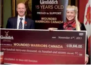  ??  ?? Above: Beth-anne Thomas, National Brand Manager -Glenfiddic­h presents Scott Maxwell, Executive Director - Wounded Warriors Canada with a donation cheque worth $131,616.00 from the 2013 Glenfiddic­h Program.